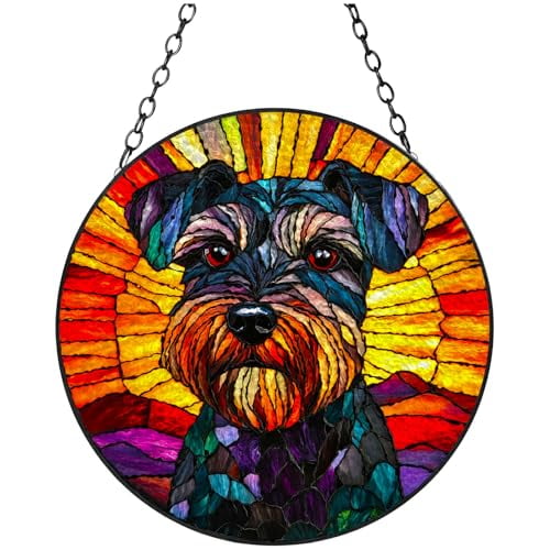 Stained Glass Suncatcher Miniature Schnauzer Dog Portrait and Sunset Handmade Window Hangings Colored Glass Suncatcher Crafts Kits for Indoor Garden Christmas Decoration 20x20cm-1-2