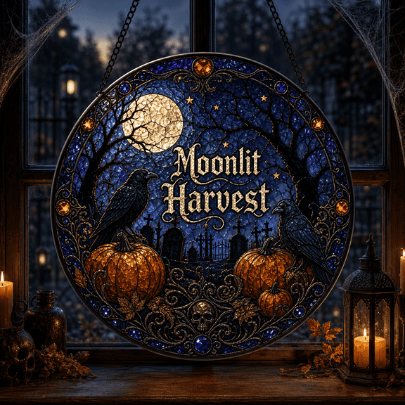 Stained Glass Suncatcher Moonlit Cemetery Raven Pumpkin Window Hanging for Gothic Halloween Decor