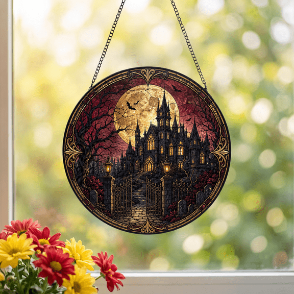 Stained Glass Suncatcher Moonlit Gothic Mansion Window Decor Halloween
