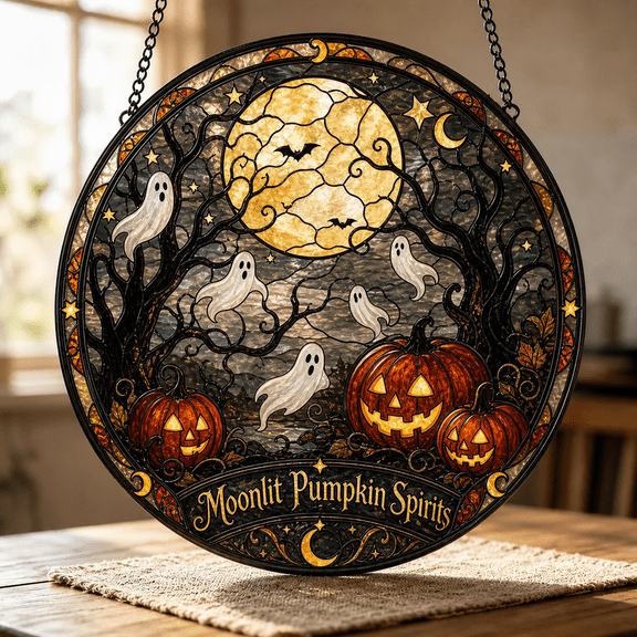 Stained Glass Suncatcher Moonlit Pumpkin Ghost Window Decor for Halloween