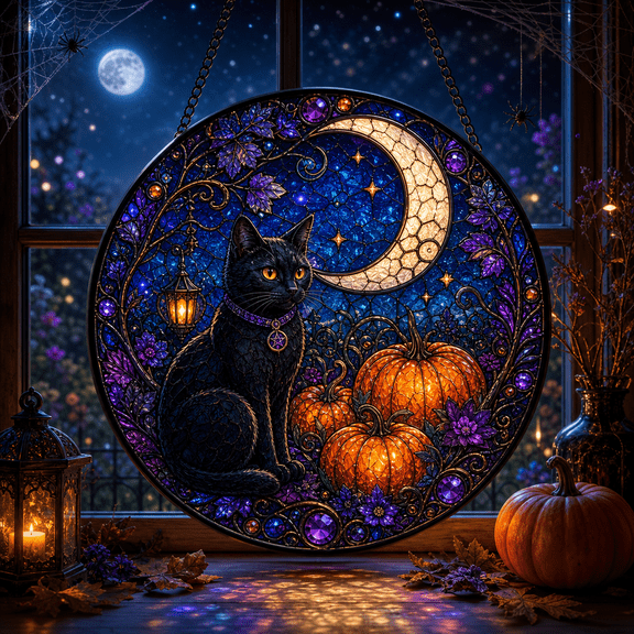 Stained Glass Suncatcher Moonlit Witch Cat and Pumpkins Window Hanging for Halloween