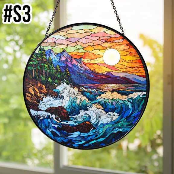 Stained Glass Suncatcher Mountain Window Hanging Sunset Nature Home Decor