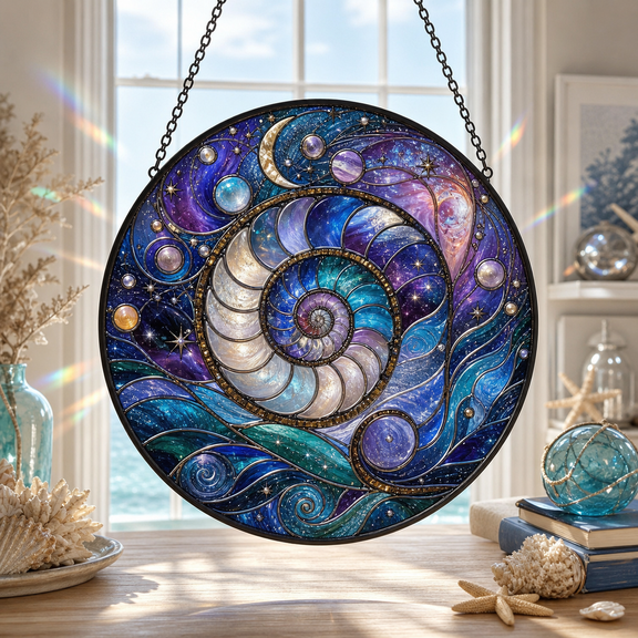 Stained Glass Suncatcher Nautilus Galaxy Window Hanging Gift for Ocean and Space Lovers