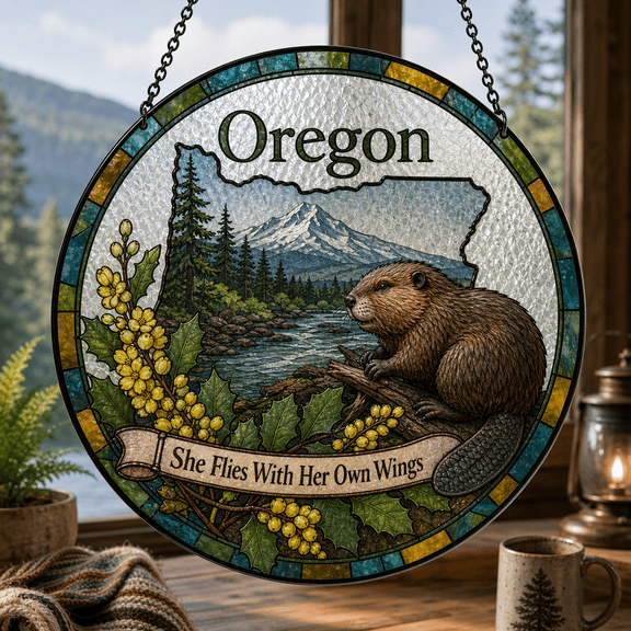 Stained Glass Suncatcher Oregon Map Beaver and Oregon Grape Glass Window Hanging for Oregon Lovers