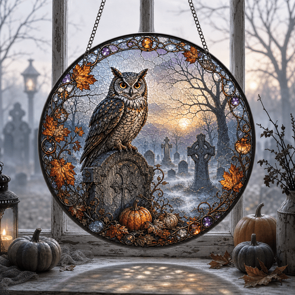 Stained Glass Suncatcher Owl Graveyard Pumpkin Window Hanging for Halloween Lovers