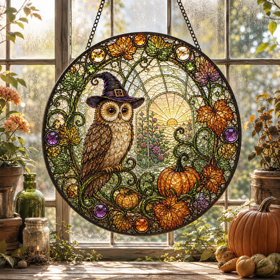 Stained Glass Suncatcher Owl Witch Hat and Pumpkin Vine Window Hanging for Halloween Decor