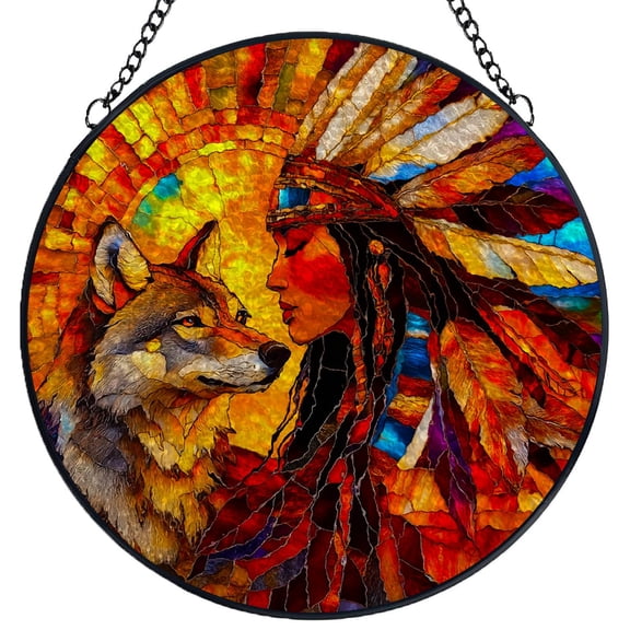 Stained Glass Suncatcher Panel Amerian Native Indian Woman and Wolf Handmade Glass Wingdow Hanging Suncatcher Ornaments Crafts Kits for Memorial and Garden Indoor Decor 6.3"-13