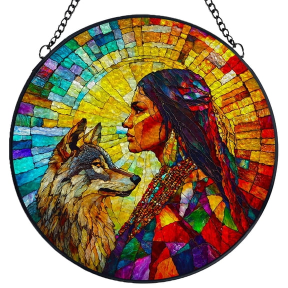 Stained Glass Suncatcher Panel Amerian Native Indian Woman and Wolf Handmade Glass Wingdow Hanging Suncatcher Ornaments Crafts Kits for Memorial and Garden Indoor Decor 6.3"-15