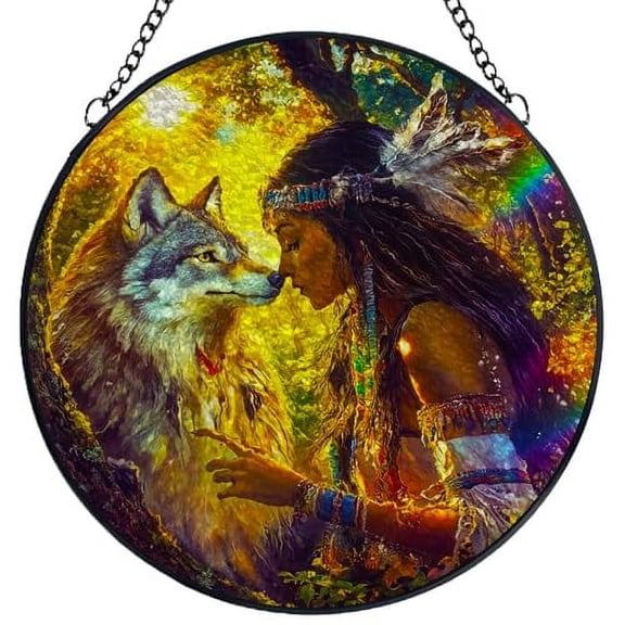 Stained Glass Suncatcher Panel American Native Indian Woman Eagle Handmade Glass Wingdow Hanging Suncatcher Ornaments Crafts Kits for Memorial and Garden Indoor Decor 6.3in-8