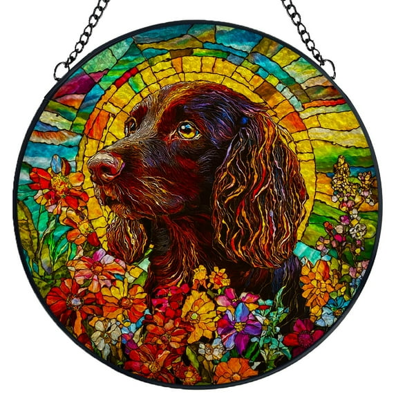 Stained Glass Suncatcher Panel Boykin Spaniel Dog and Handmade Glass Wingdow Hanging Suncatcher Ornaments Crafts Kits for Memorial and Garden Indoor Decor 6.3"-8