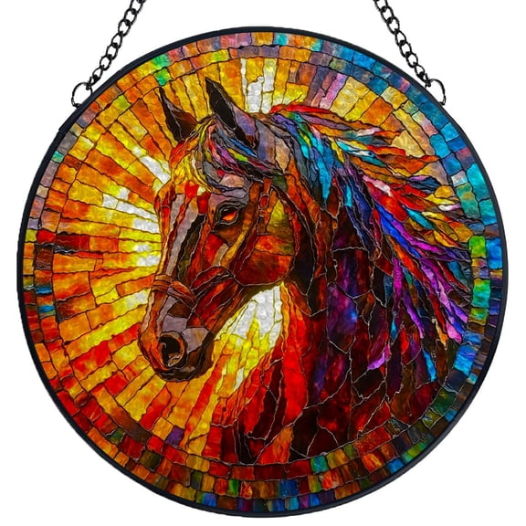Stained Glass Suncatcher Panel Brown Horse under Sunshine Handmade Glass Wingdow Hanging Suncatcher Ornaments Crafts Kits for Memorial and Garden Indoor Decor 6.3"-2