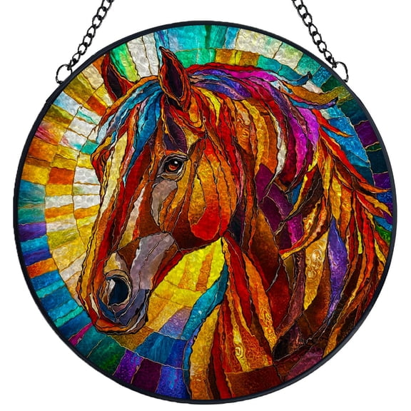 Stained Glass Suncatcher Panel Brown Horse under Sunshine Handmade Glass Wingdow Hanging Suncatcher Ornaments Crafts Kits for Memorial and Garden Indoor Decor 6.3"-4