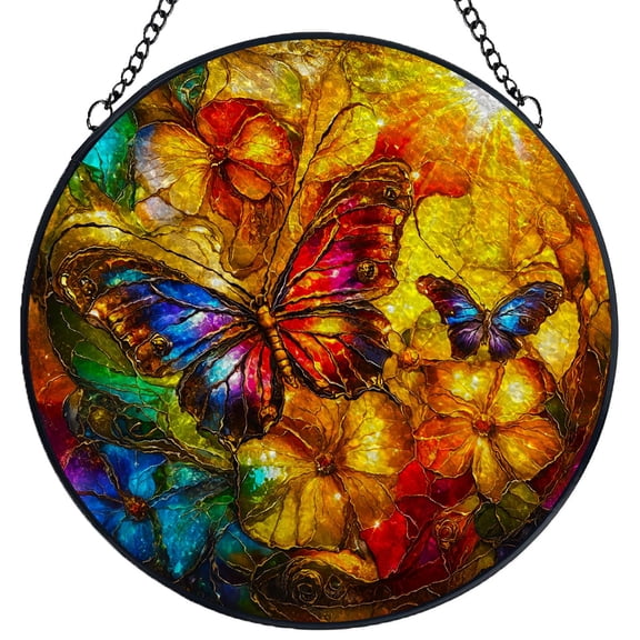 Stained Glass Suncatcher Panel Butterflies in Flower Sunshine Handmade Glass Wingdow Hanging Suncatcher Ornaments Crafts Kits for Memorial and Garden Indoor Decor 6.3"-1