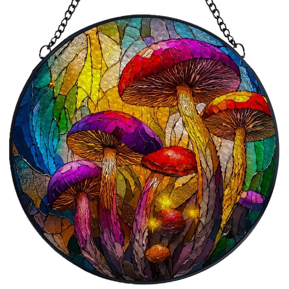 Stained Glass Suncatcher Panel Colorful Mushrooms Sunshine Handmade Glass Wingdow Hanging Suncatcher Ornaments Crafts Kits for Memorial and Garden Indoor Decor 6.3"-3