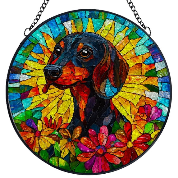 Stained Glass Suncatcher Panel Dachshund Short Hair Handmade Glass Wingdow Hanging Suncatcher Ornaments Crafts Kits for Memorial and Garden Indoor Decor 6.3"-4