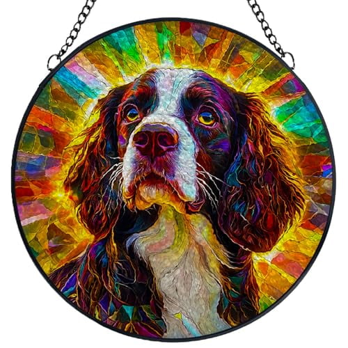 Stained Glass Suncatcher Panel English Springer Spaniel Dog Handmade Glass Wingdow Hanging Suncatcher Ornaments Crafts Kits for Memorial and Garden Indoor Decor 6.3"-2