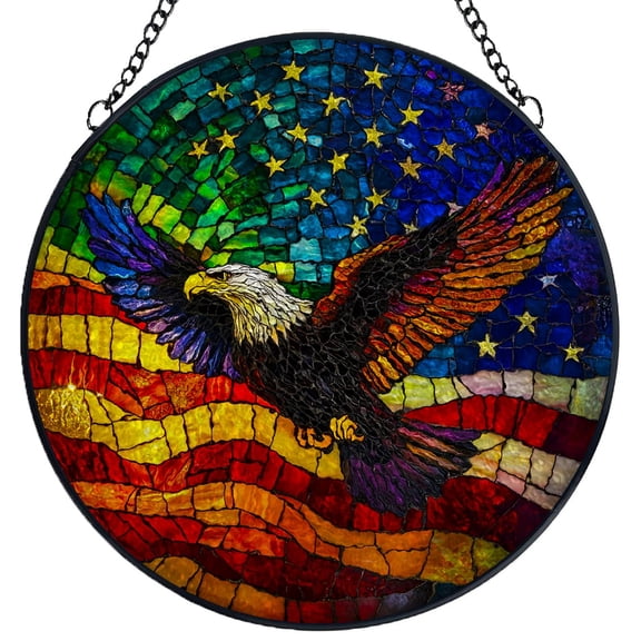 Stained Glass Suncatcher Panel Flying Eagle and Flag Handmade Glass Wingdow Hanging Suncatcher Ornaments Crafts Kits for Memorial and Garden Indoor Decor 6.3"-7