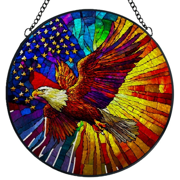 Stained Glass Suncatcher Panel Flying Eagle and Flag Handmade Glass Wingdow Hanging Suncatcher Ornaments Crafts Kits for Memorial and Garden Indoor Decor 6.3"-9