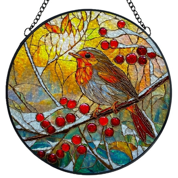 Stained Glass Suncatcher Panel Robin Bird on Red Berry Branch Handmade Glass Wingdow Hanging Suncatcher Ornaments Crafts Kits for Memorial and Garden Indoor Decor 6.3"-15