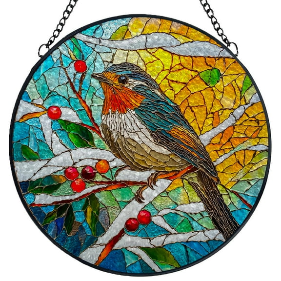 Stained Glass Suncatcher Panel Robin Bird on Red Berry Branch Handmade Glass Wingdow Hanging Suncatcher Ornaments Crafts Kits for Memorial and Garden Indoor Decor 6.3"-13