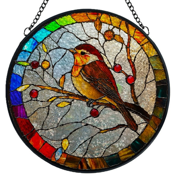 Stained Glass Suncatcher Panel Robin Bird on Red Berry Branch Handmade Glass Wingdow Hanging Suncatcher Ornaments Crafts Kits for Memorial and Garden Indoor Decor 6.3"-14