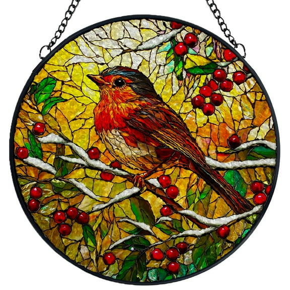 Stained Glass Suncatcher Panel Robin Bird on Red Berry Branch Handmade Glass Wingdow Hanging Suncatcher Ornaments Crafts Kits for Memorial and Garden Indoor Decor 6.3"-6