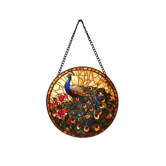 Stained Glass Suncatcher Peacock Round Wall Decor 10inHanging Chain Home Wall ArtforLiving Room Kitchen Window