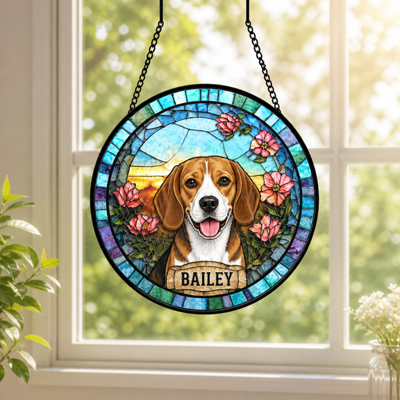 Stained Glass Suncatcher Personalized Beagle Portrait Window Hanging for Dog Lovers