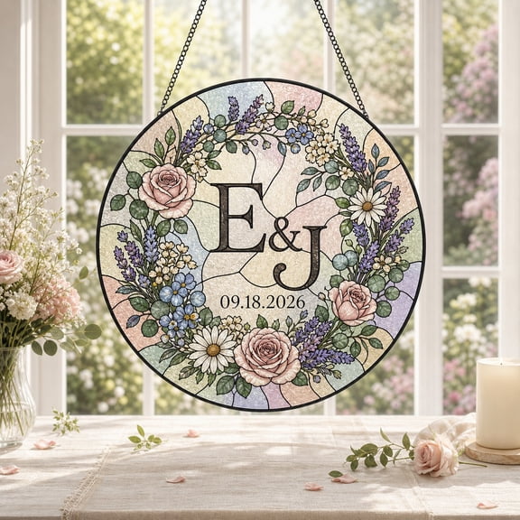 Stained Glass Suncatcher Botanical Wedding Initials Decor