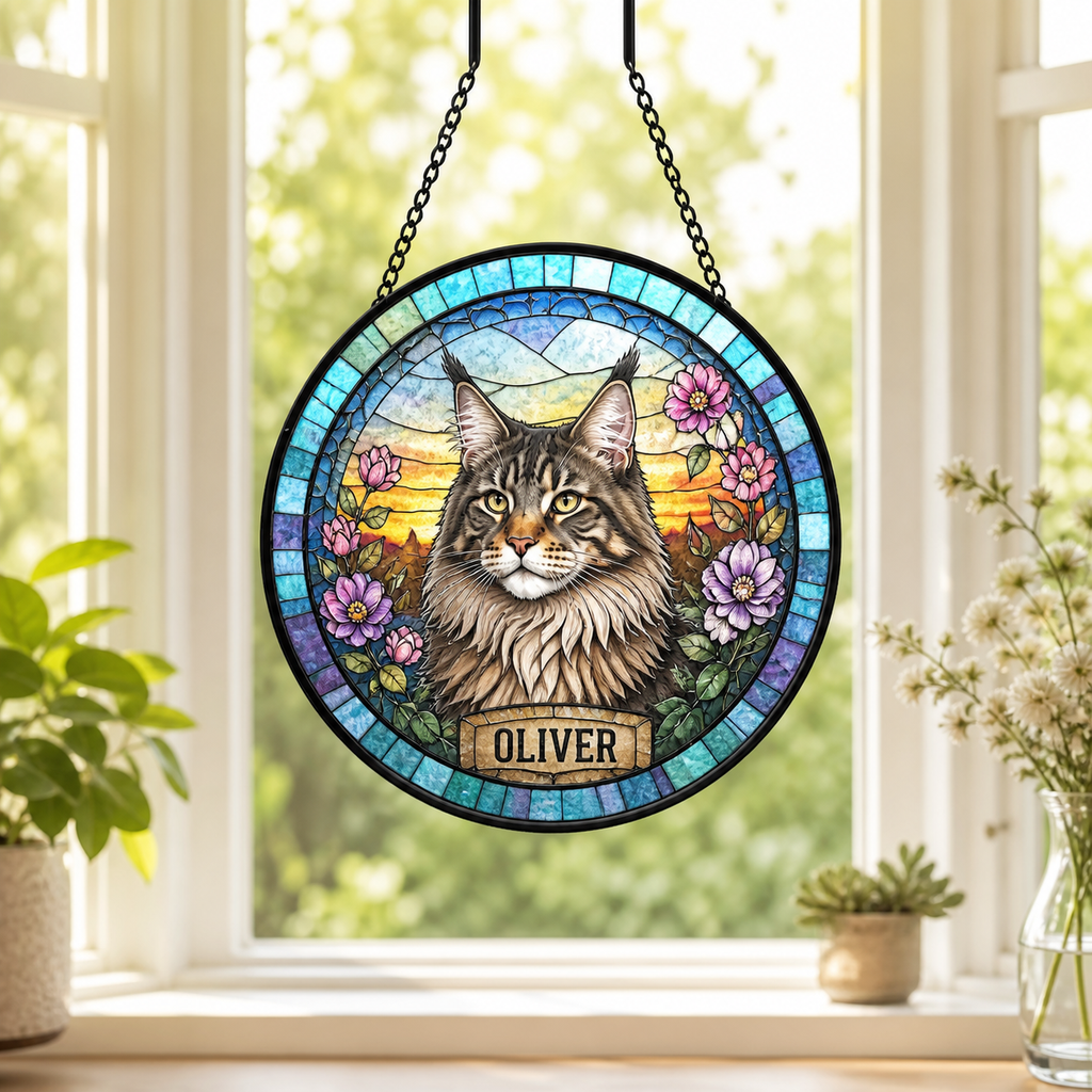 Stained Glass Suncatcher Personalized Maine Coon Cat Window Hanging for ...