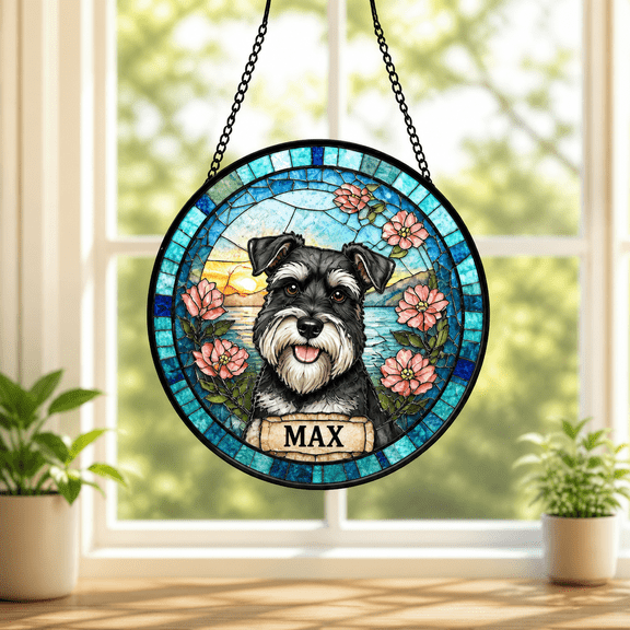 Stained Glass Suncatcher Personalized Schnauzer Window Hanging for Dog Lovers