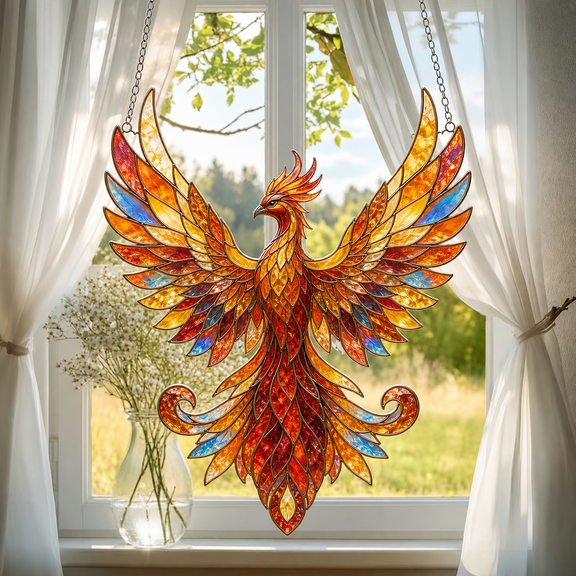 Stained Glass Suncatcher Phoenix Window Hanging for Sunlit Rooms and Gift Giving