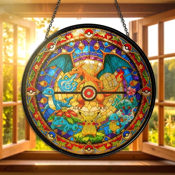 Stained Glass Suncatcher, Pikachu Charizard Squirtle Bulbasaur Charmander Window Hanging, Fan Art Decor, Gift for Fan, Home Decor Suncatcher