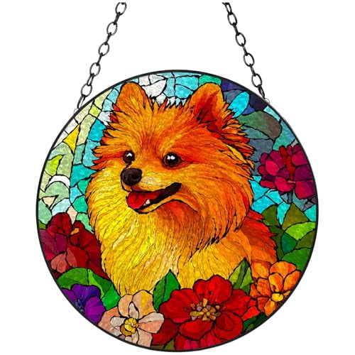 Stained Glass Suncatcher Pomeranian Dog Portrait and Flowers Handmade Window Hangings Colored Glass Suncatcher Crafts Kits for Indoor Garden Christmas Decoration 16x16cm-3