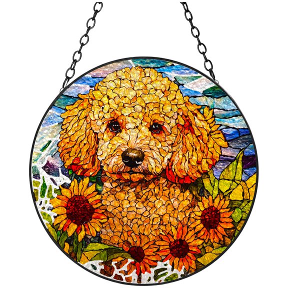 Stained Glass Suncatcher Poodle Dog Portrait and Sunflowers Handmade Window Hangings Colored Glass Suncatcher Crafts Kits for Indoor Garden Christmas Decoration 16x16cm-2