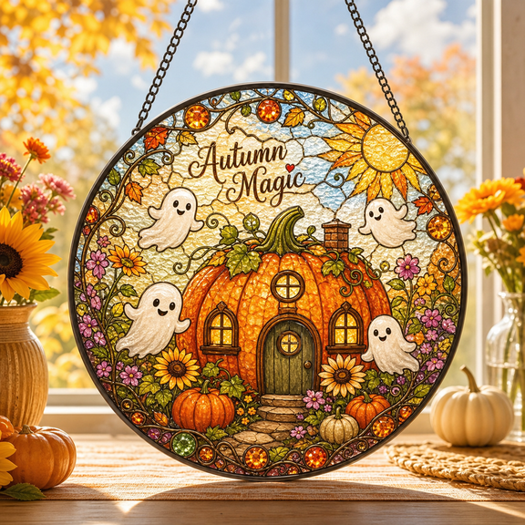 Stained Glass Suncatcher Pumpkin House and Tiny Ghosts Window Hanging for Autumn Decor Lovers