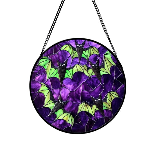 Stained Glass Suncatcher Purple Green Bat Theme Round Hanging Halloween Decor for Indoor Windows