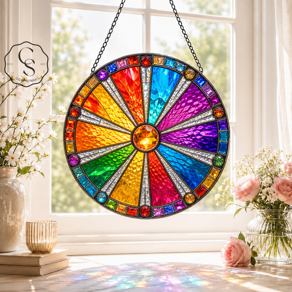 Stained Glass Suncatcher Rainbow Sunburst Acrylic Window Hanging Gift for Mom