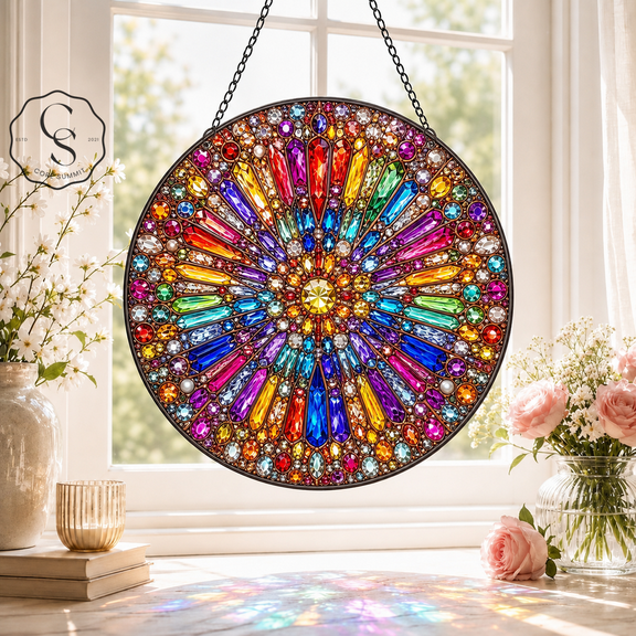 Stained Glass Suncatcher Rainbow Sunburst Glass Window Hanging for Mom