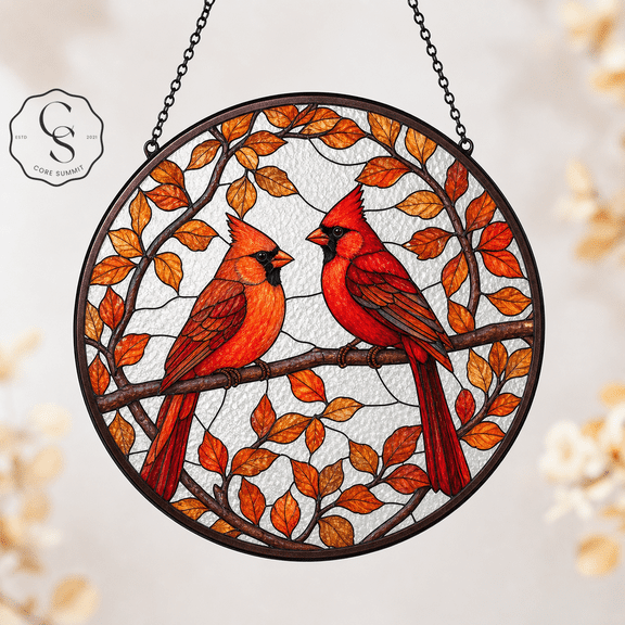 Stained Glass Suncatcher Red Cardinal Duo Glass Window Hanging for Fall Bird Lover Gift