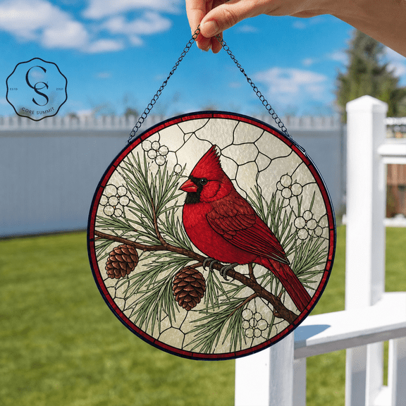 Stained Glass Suncatcher Red Cardinal Glass Window Hanging for Bird Lovers