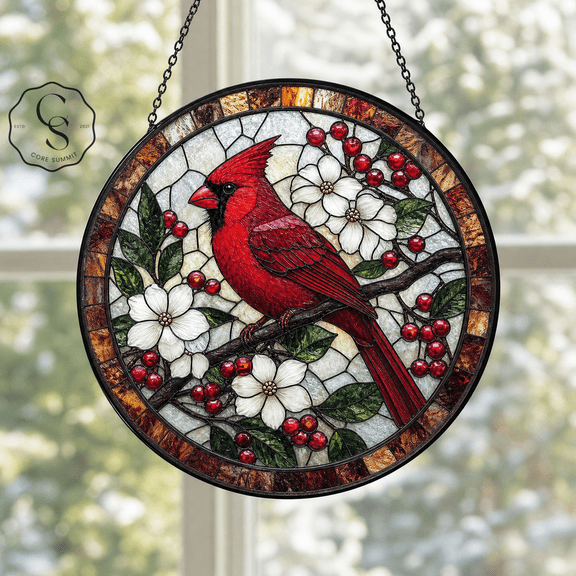 Stained Glass Suncatcher Red Cardinal Glass Window Hanging for Bird Lovers
