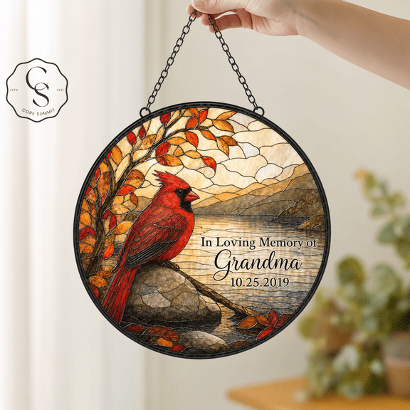 Stained Glass Suncatcher Red Cardinal Memorial Glass Window Hanging for Remembrance Gift