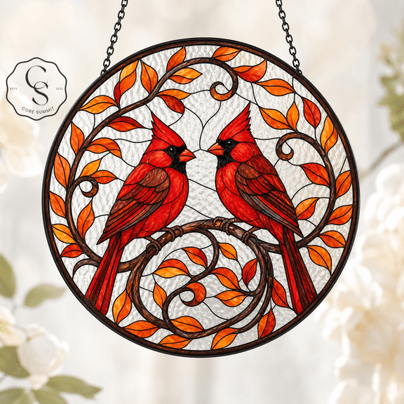 Stained Glass Suncatcher Red Cardinal Pair Glass Window Hanging for Bird Lovers