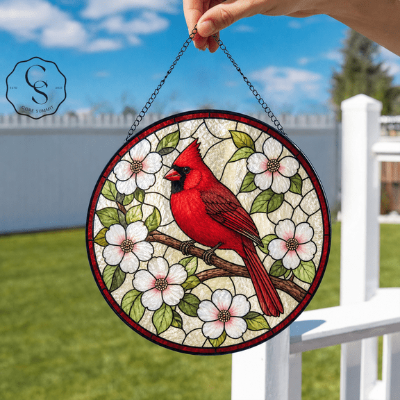 Stained Glass Suncatcher Red Cardinal and Apple Blossoms Glass Window Hanging for Bird Lovers