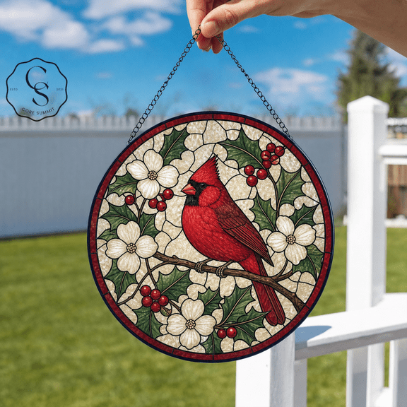 Stained Glass Suncatcher Red Cardinal and Holly Glass Window Hanging for Winter Bird Lovers