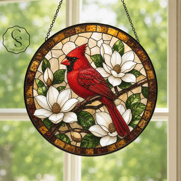 Stained Glass Suncatcher Red Cardinal and Magnolia Glass Window Hanging for Bird Lovers