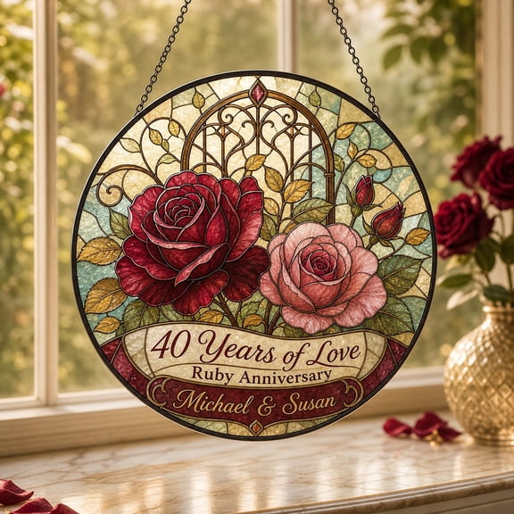 Stained Glass Suncatcher Ruby Anniversary Rose Window Decor for Couples