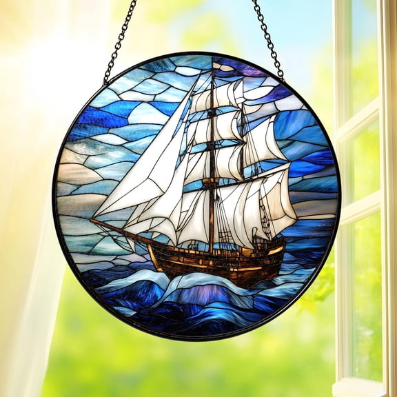 Stained Glass Suncatcher Sailing Ship Window Hanging Nautical Ocean Boat Home Decor