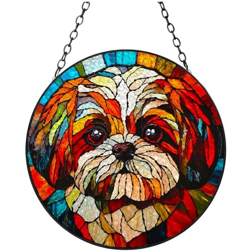 Stained Glass Suncatcher Shih Tzu Portrait Handmade Window Hangings Colored Glass Suncatcher Crafts Kits for Indoor Garden Christmas Decoration 16x16cm-2